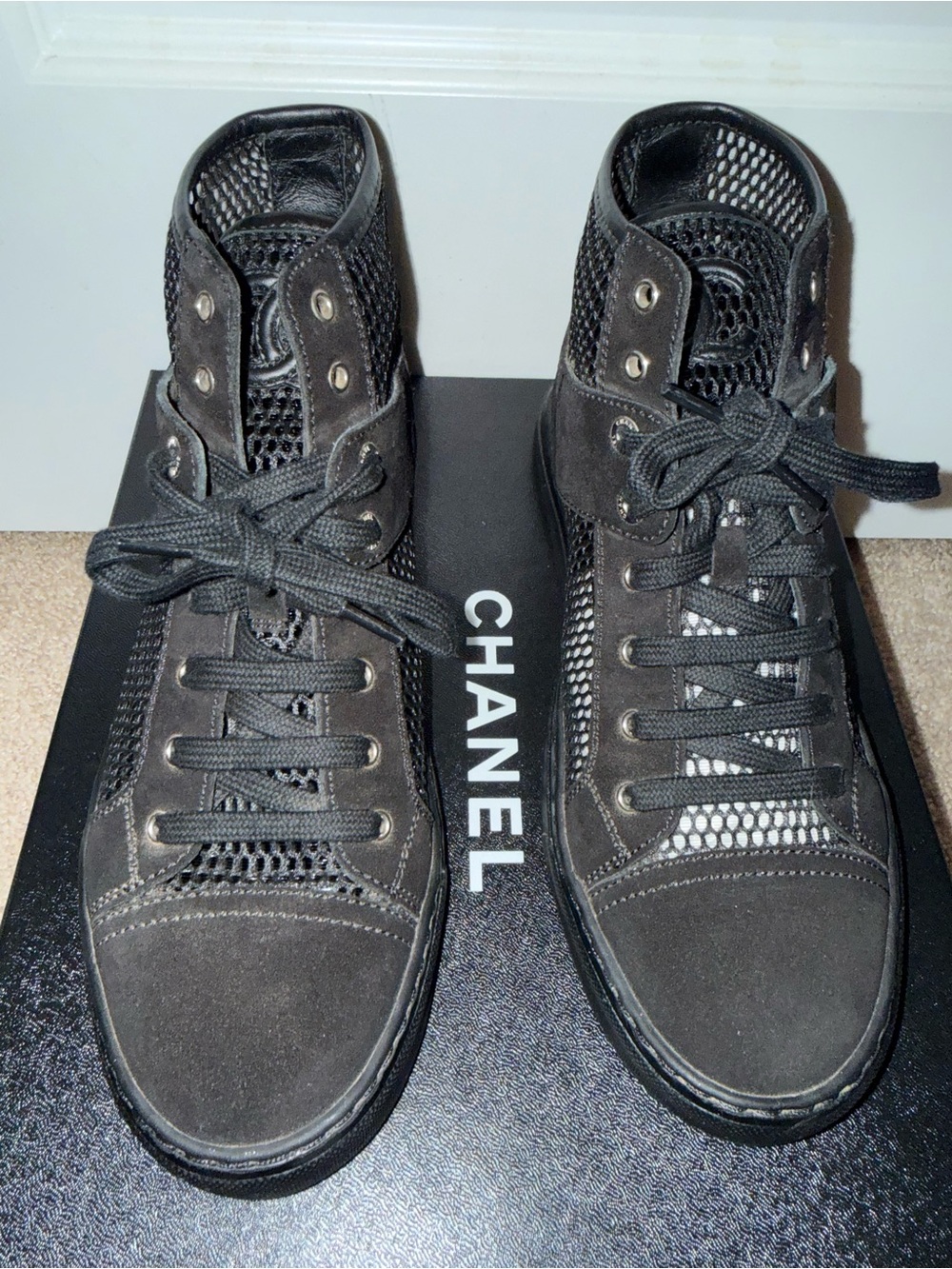 Chanel Black Suede & Mesh High-Top Sneakers
